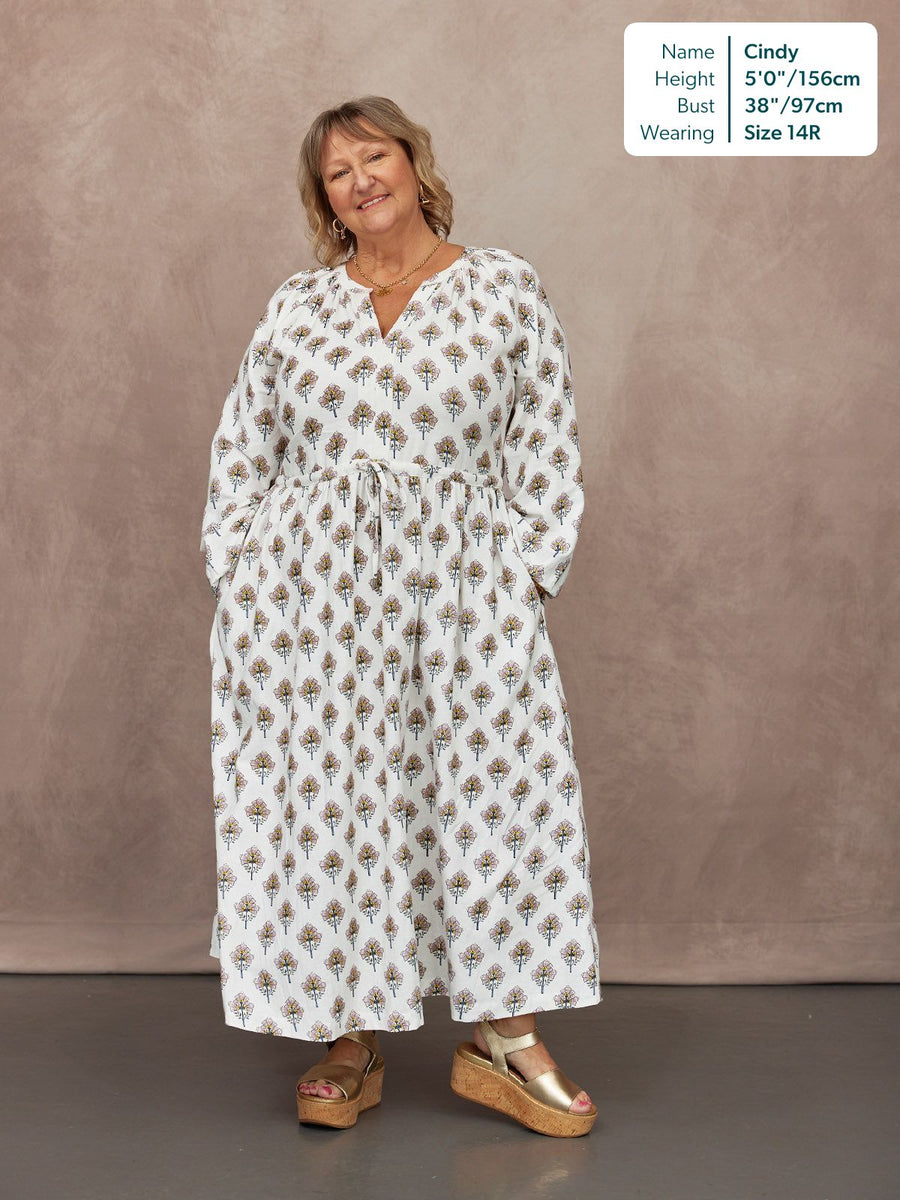 Flora Block Print Dress - Ecru Print