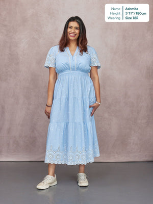 Georgie Cotton Summer Dress - Blue/White