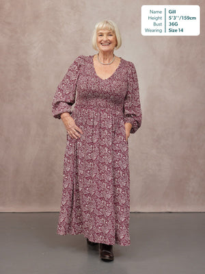Gillian Shirred Bodice Dress - Maroon Paisley Print
