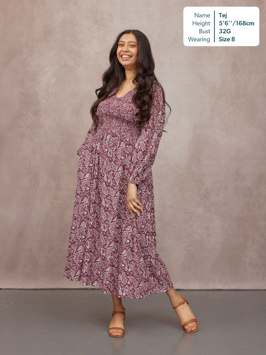 Gillian Shirred Bodice Dress - Maroon Paisley Print