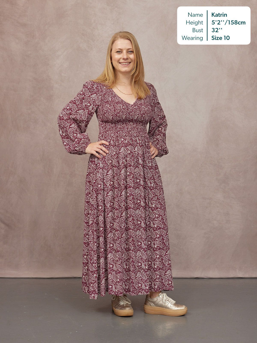 Gillian Shirred Bodice Dress - Maroon Paisley Print