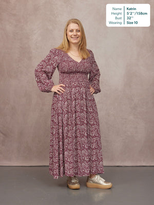 Gillian Shirred Bodice Dress - Maroon Paisley Print