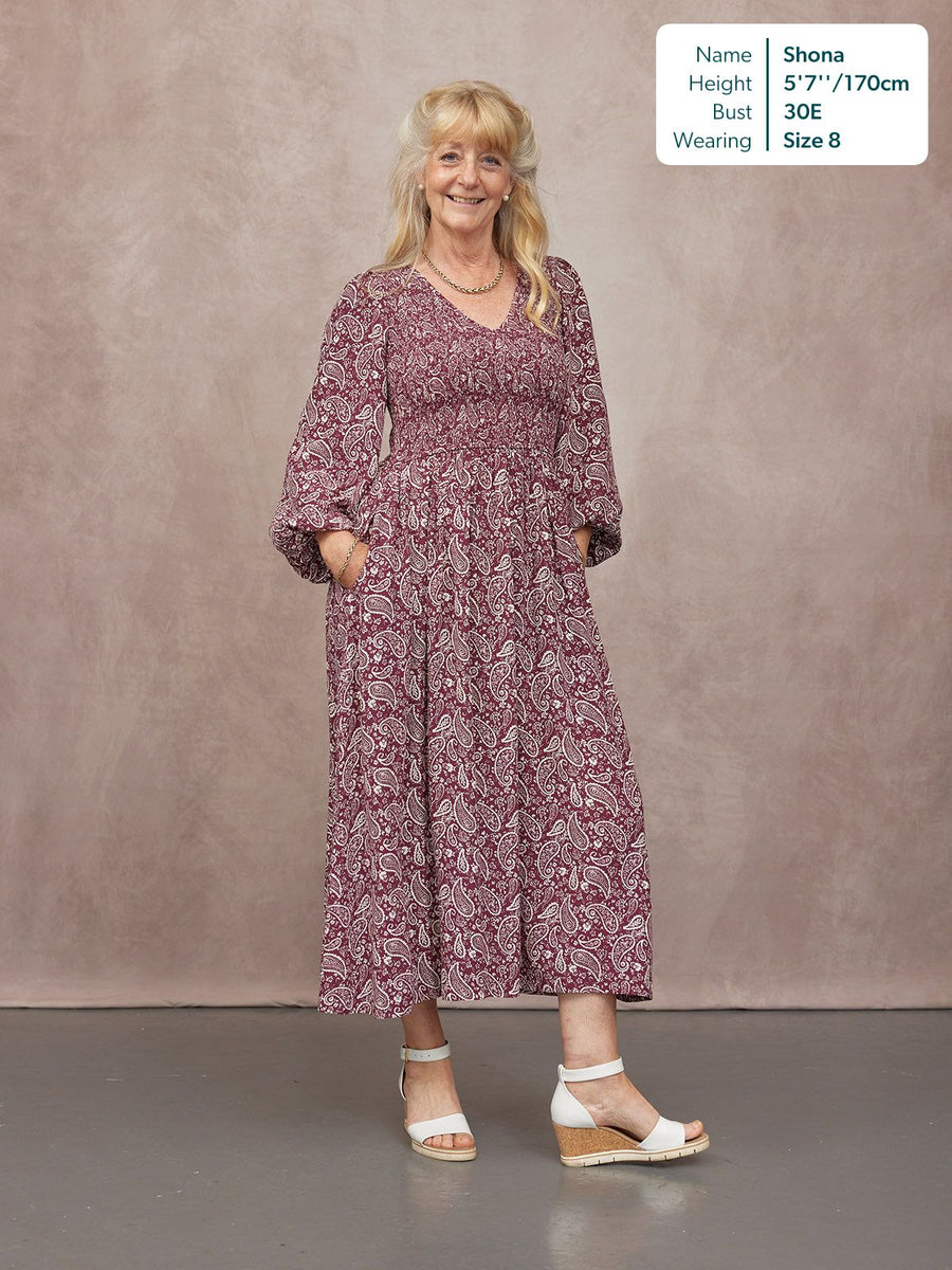 Gillian Shirred Bodice Dress - Maroon Paisley Print
