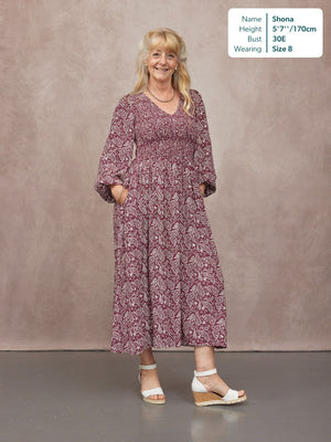 Gillian Shirred Bodice Dress - Maroon Paisley Print