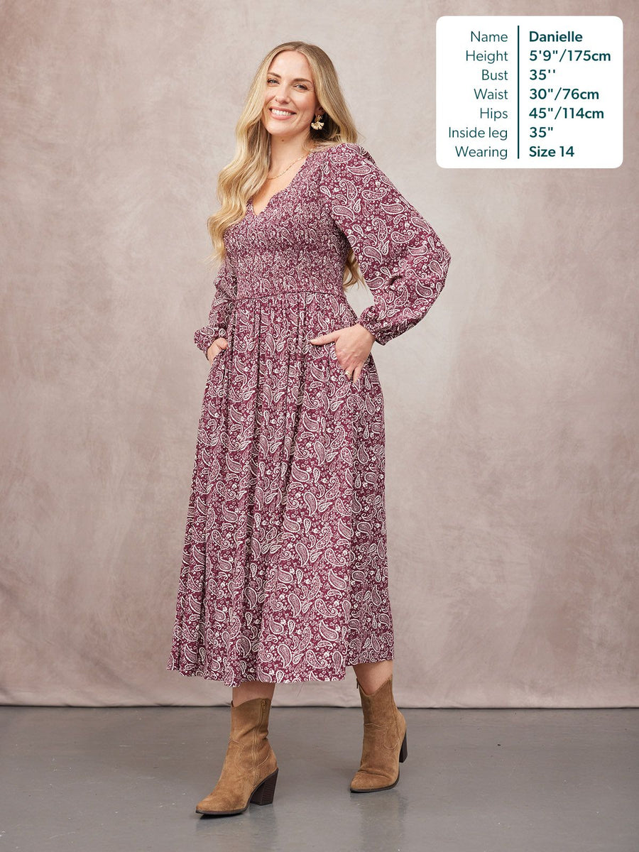 Gillian Shirred Bodice Dress - Maroon Paisley Print