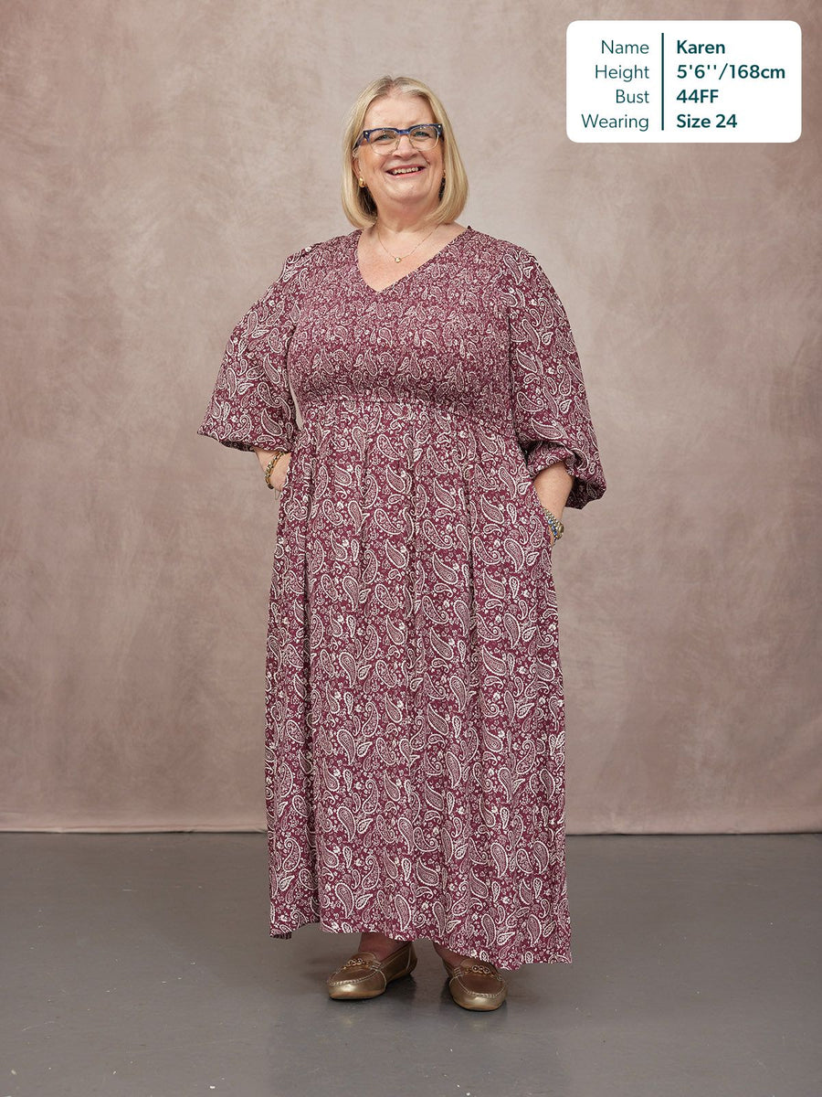 Gillian Shirred Bodice Dress - Maroon Paisley Print