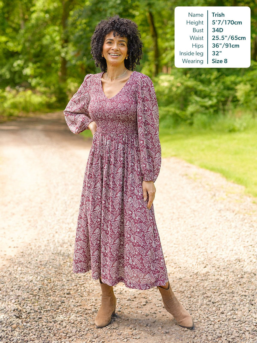 Gillian Shirred Bodice Dress - Maroon Paisley Print