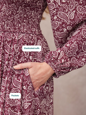 Gillian Shirred Bodice Dress - Maroon Paisley Print