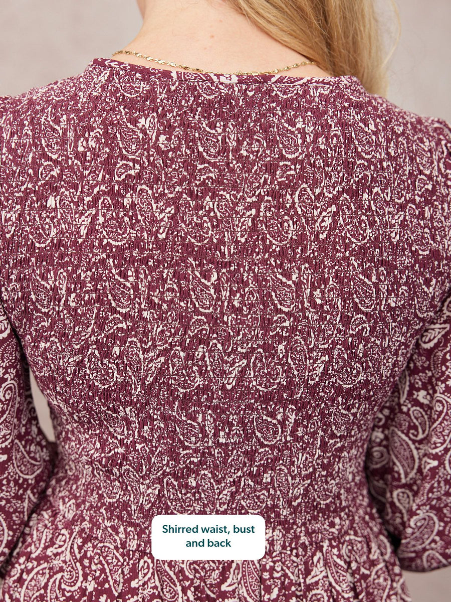 Gillian Shirred Bodice Dress - Maroon Paisley Print