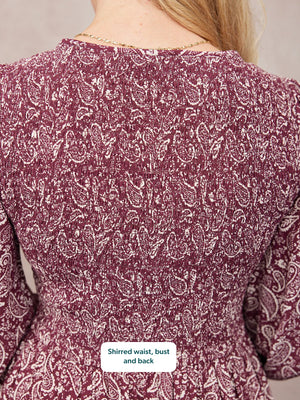 Gillian Shirred Bodice Dress - Maroon Paisley Print