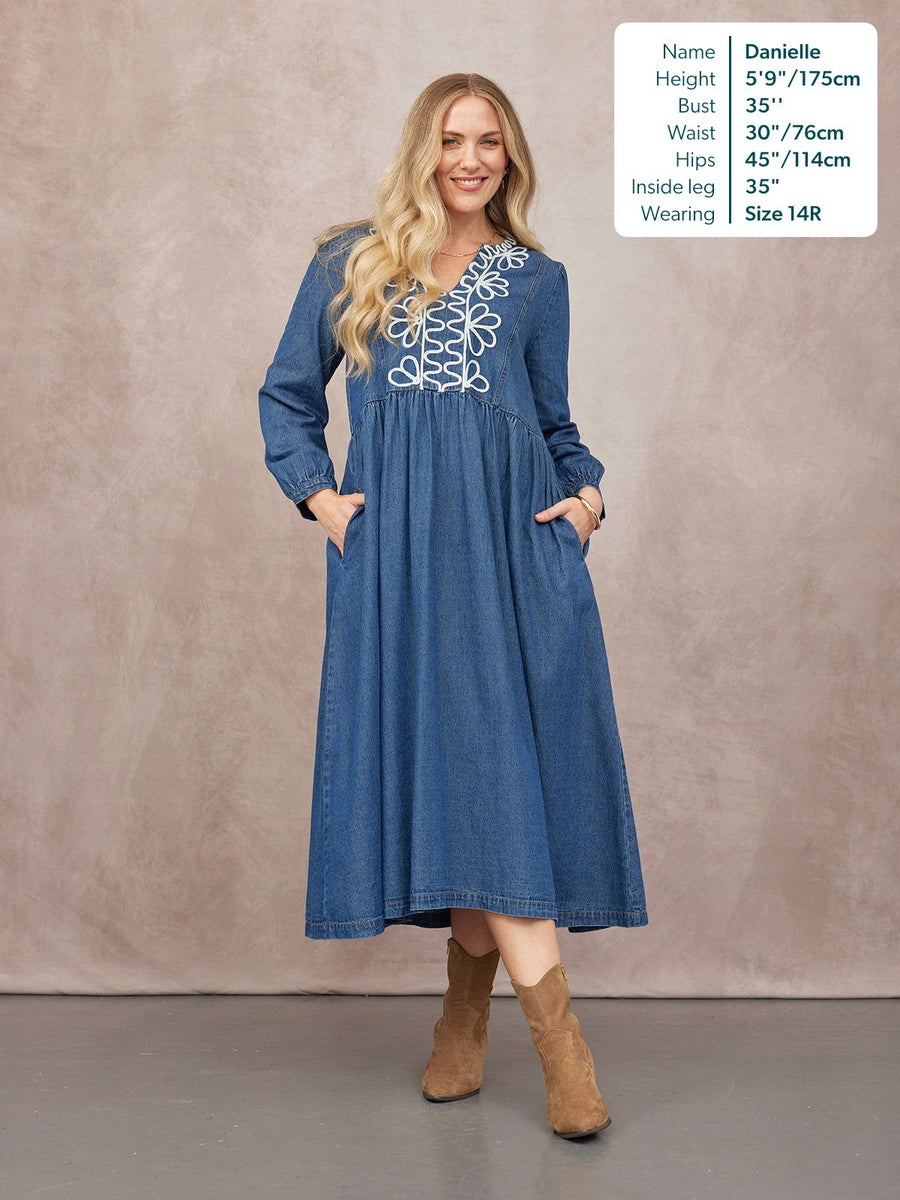 Gina Floral Decor Detail Denim Dress - Blue