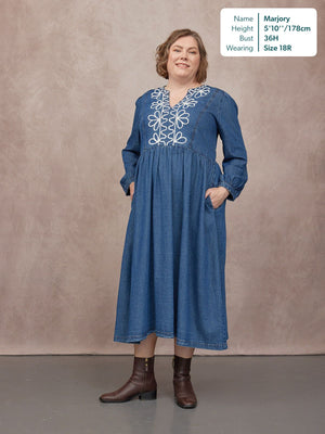 Gina Floral Decor Detail Denim Dress - Blue