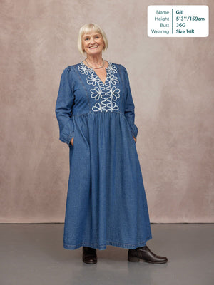 Gina Floral Decor Detail Denim Dress - Blue