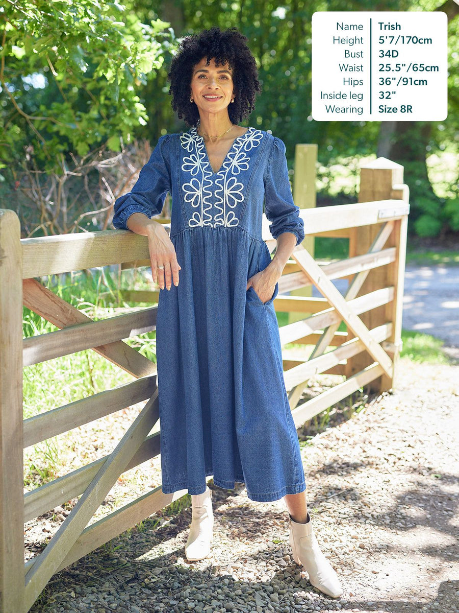 Gina Floral Decor Detail Denim Dress - Blue