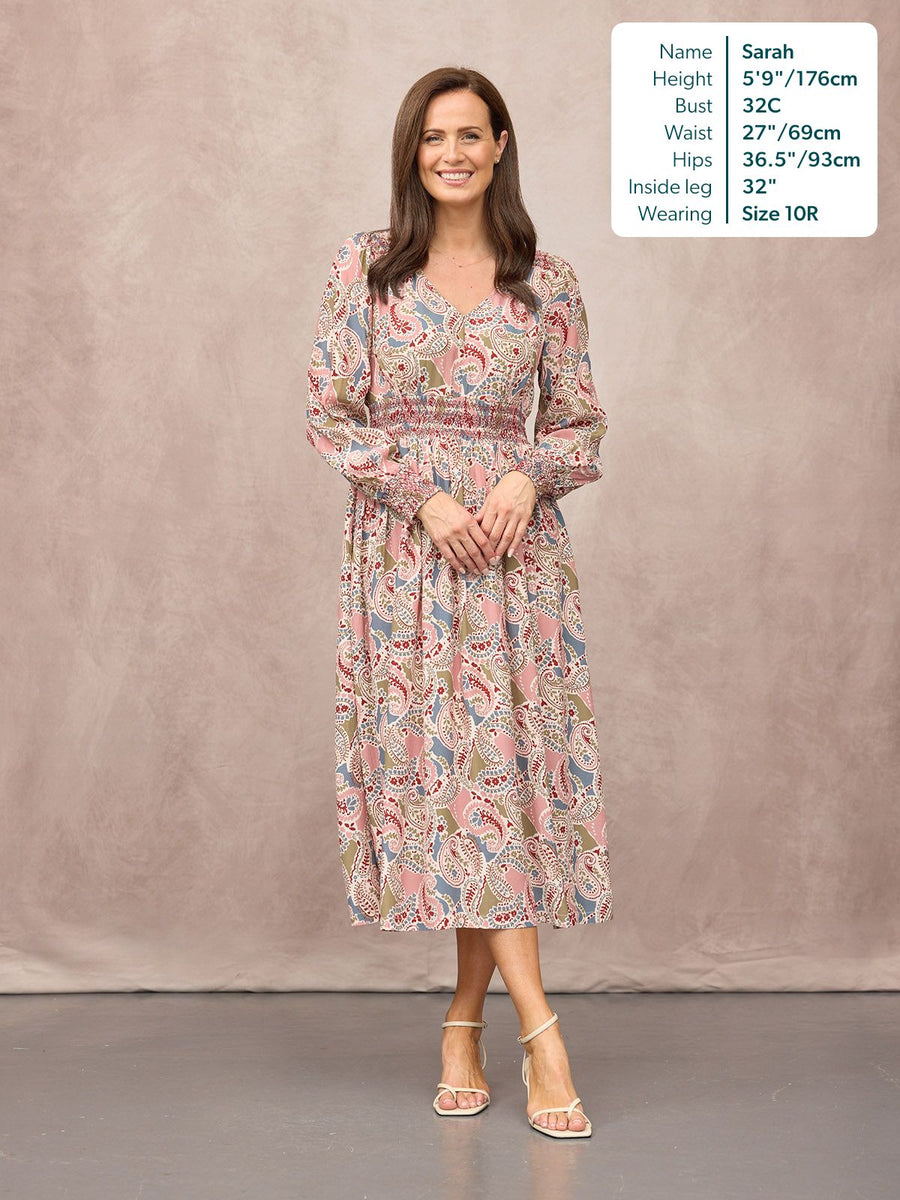 Hatty Contrast Shirring Dress - Multi Paisley Print
