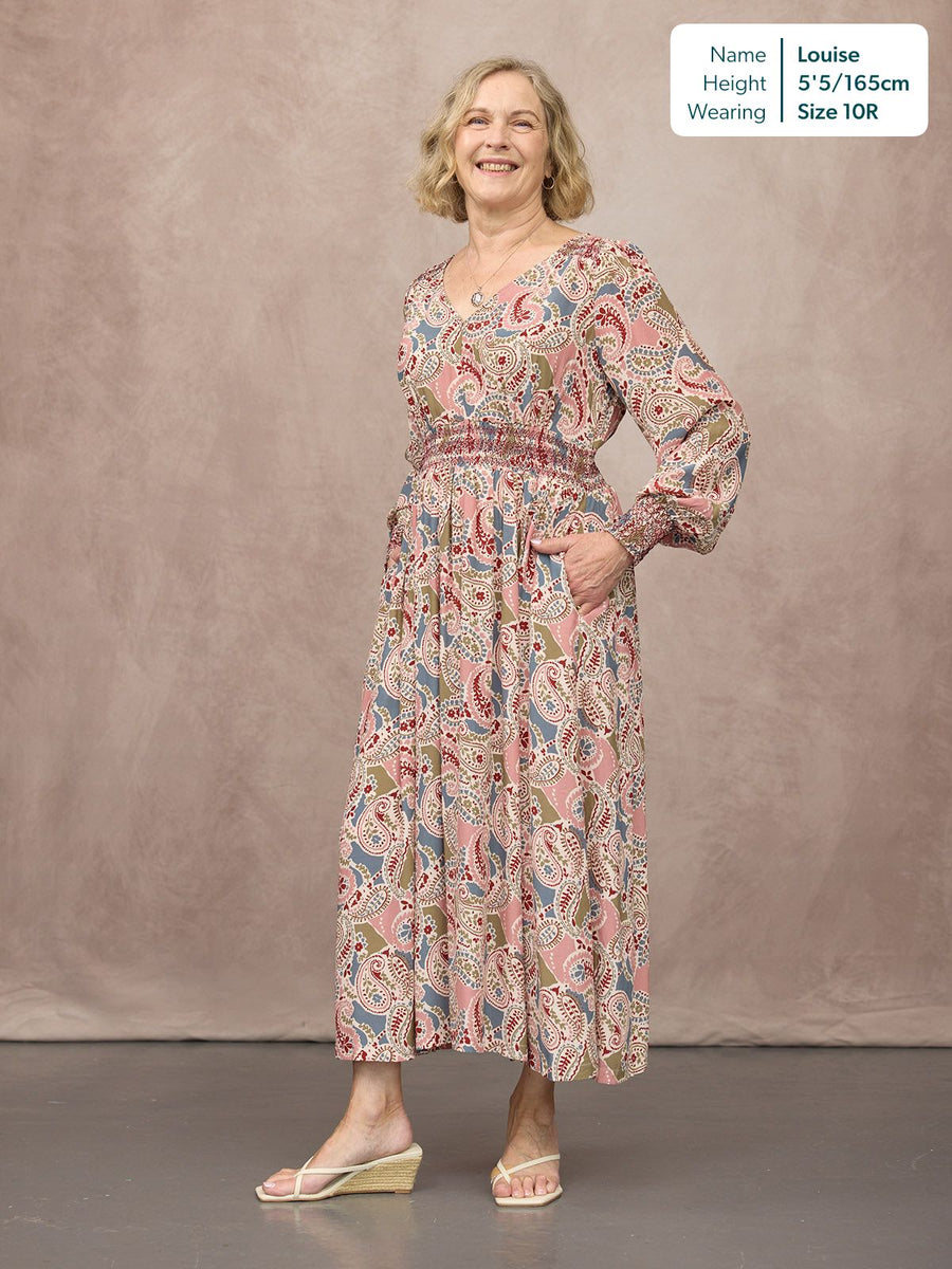 Hatty Contrast Shirring Dress - Multi Paisley Print