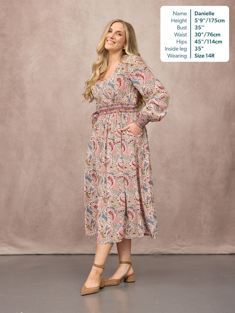 Hatty Contrast Shirring Dress - Multi Paisley Print