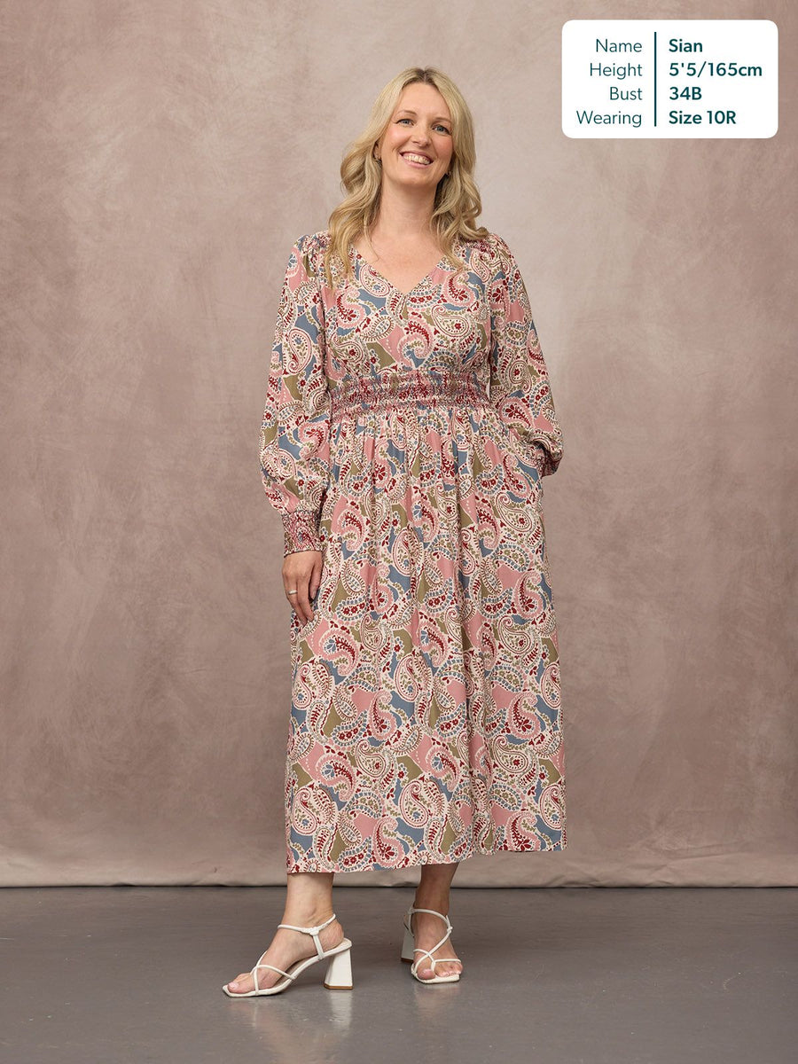 Hatty Contrast Shirring Dress - Multi Paisley Print