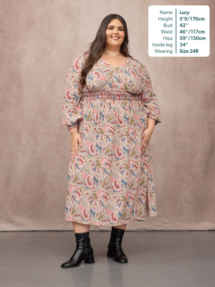 Hatty Contrast Shirring Dress - Multi Paisley Print