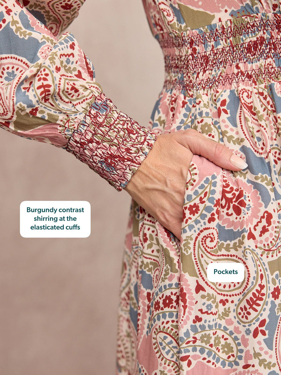 Hatty Contrast Shirring Dress - Multi Paisley Print