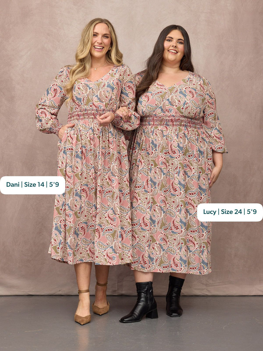 Hatty Contrast Shirring Dress - Multi Paisley Print