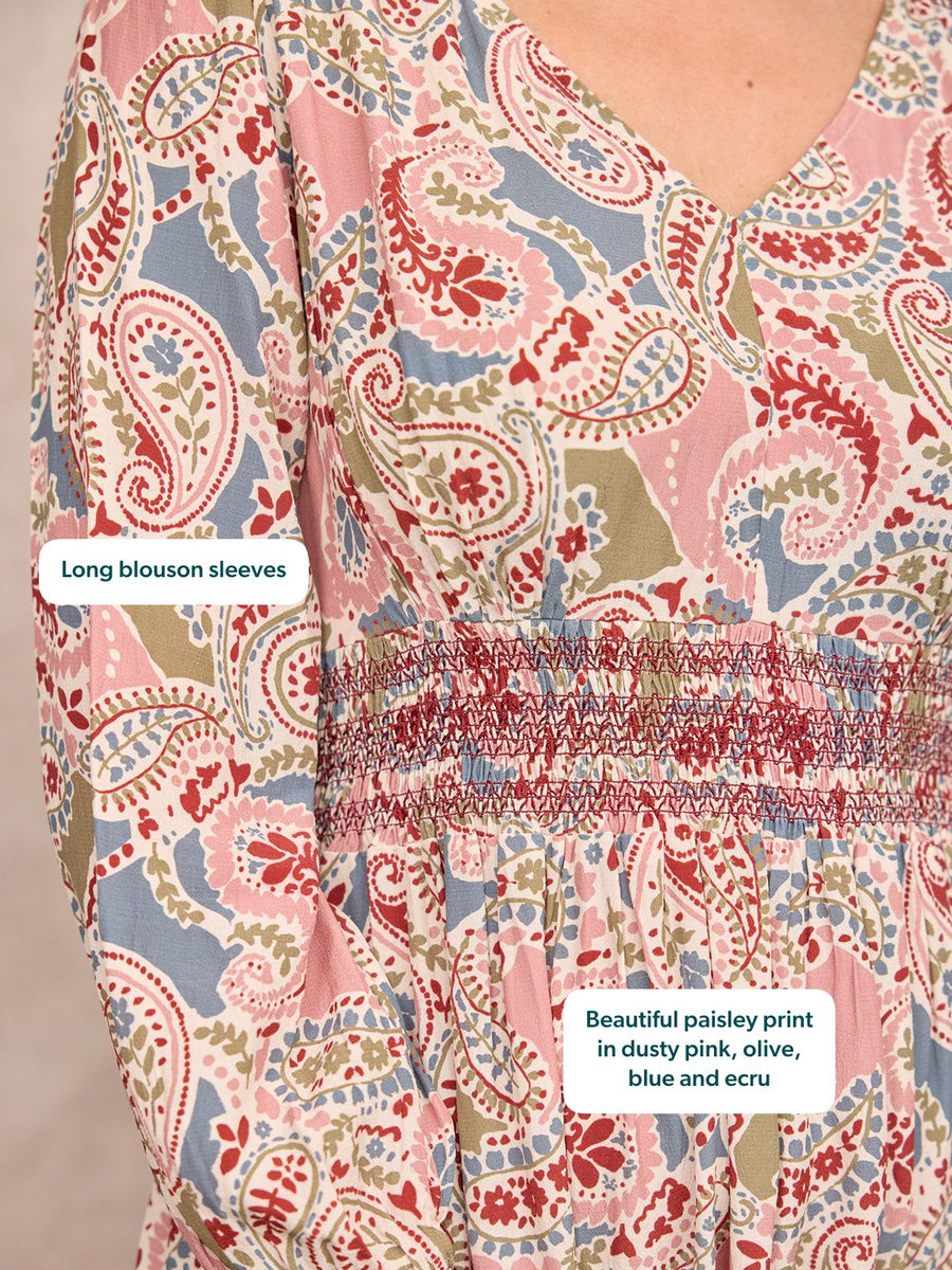 Hatty Contrast Shirring Dress - Multi Paisley Print