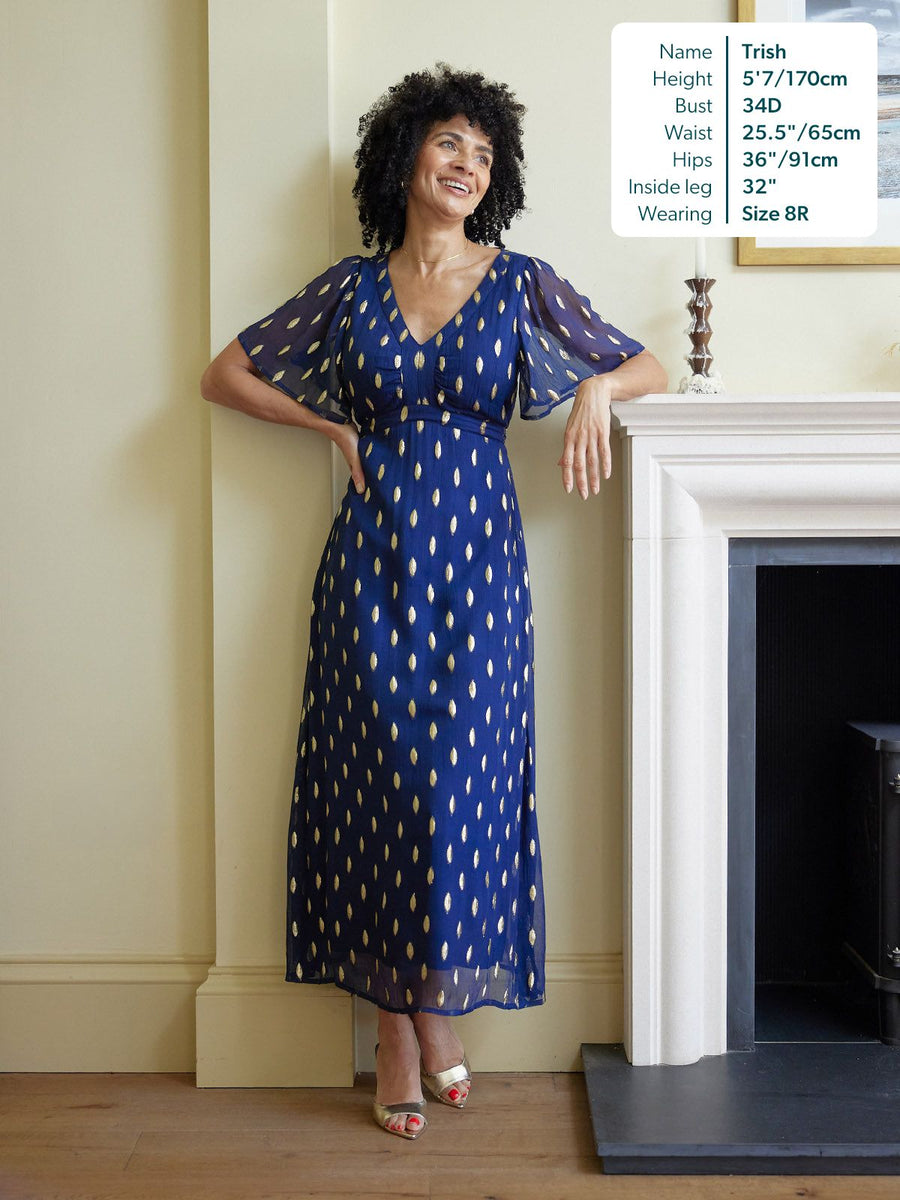 Helena Angel Sleeve Lurex Dress - Navy & Gold