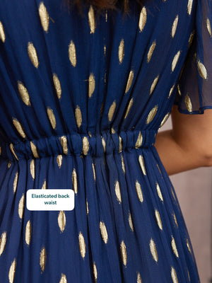 Helena Angel Sleeve Lurex Dress - Navy & Gold