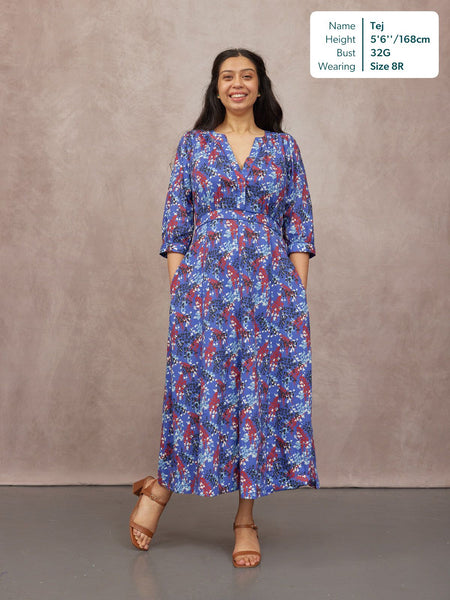 Jackie Contrast Trim Dress - Blue & Multi Floral Print