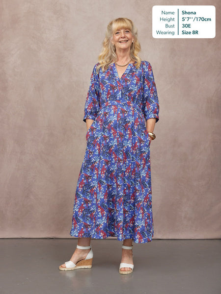 Jackie Contrast Trim Dress - Blue & Multi Floral Print