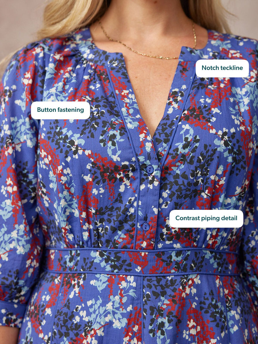 Jackie Contrast Trim Dress - Blue & Multi Floral Print