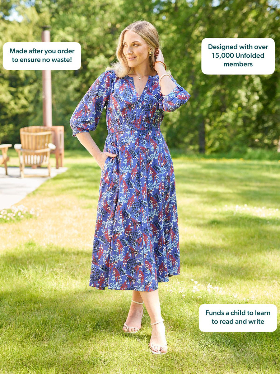 Jackie Contrast Trim Dress - Blue & Multi Floral Print