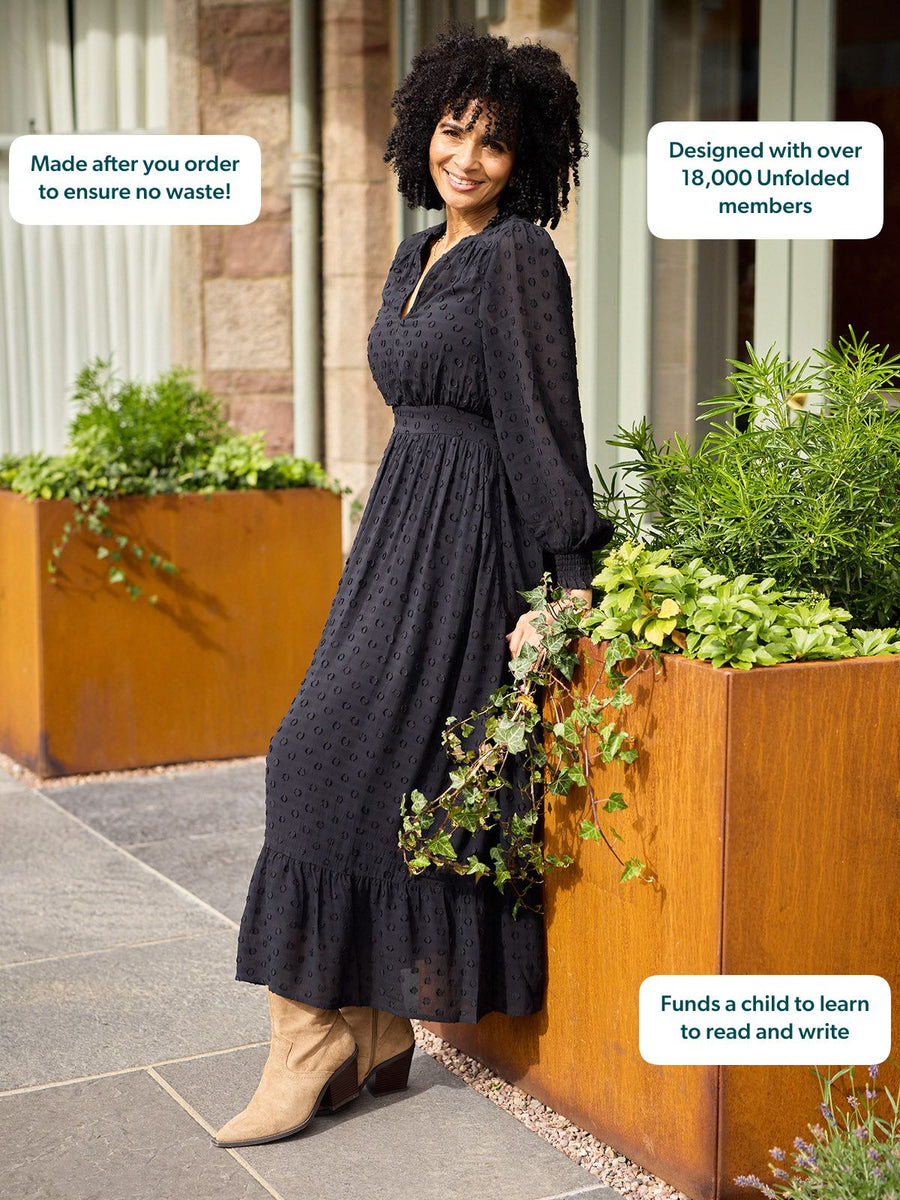 Jane Long Sleeve Georgette Spot Dress - Black