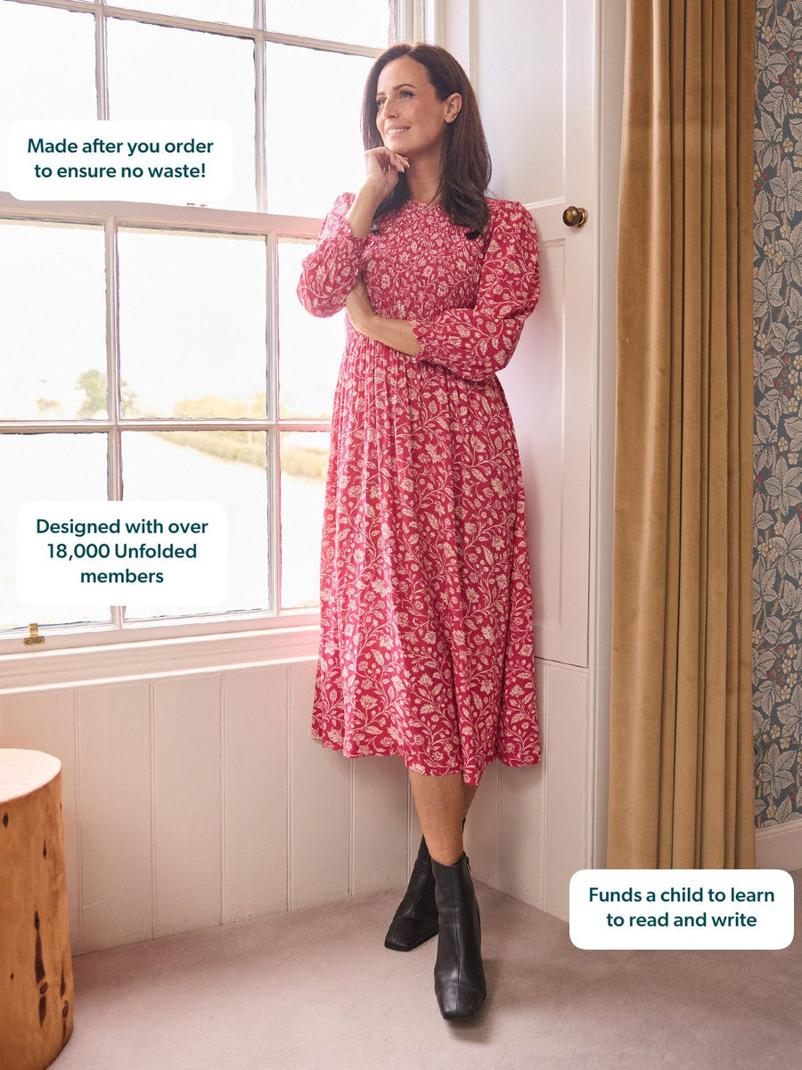 Jenny Shirred Bodice Dress - Pink Botanical Print
