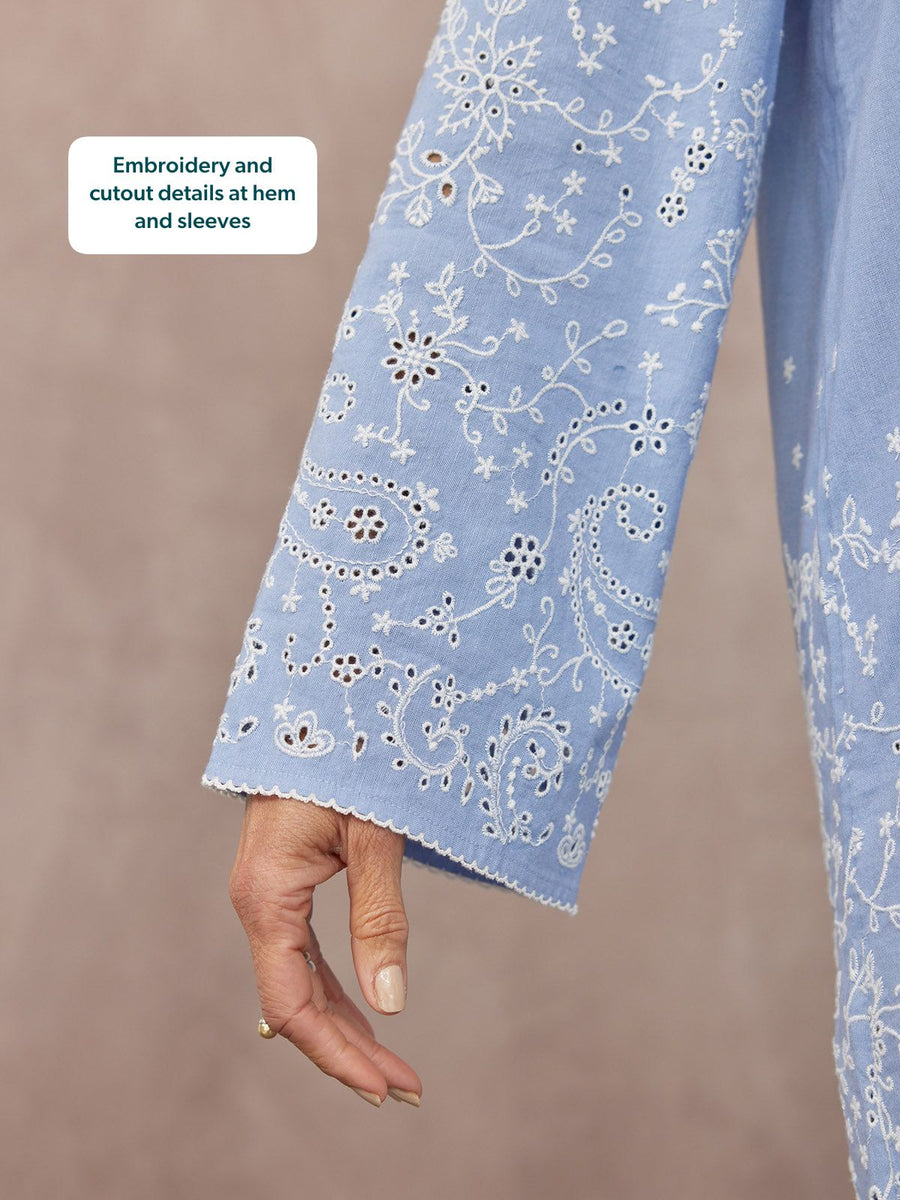Jess Embroidered Tunic Dress - Blue & White