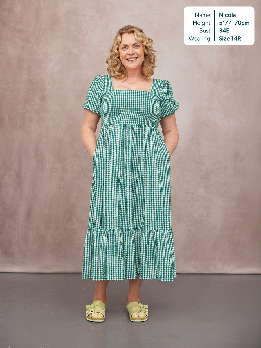 Judy Square Neck Dress - Green Gingham