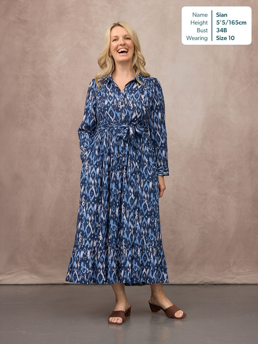 Kirsty Shirt Dress - Blue Ikat Print