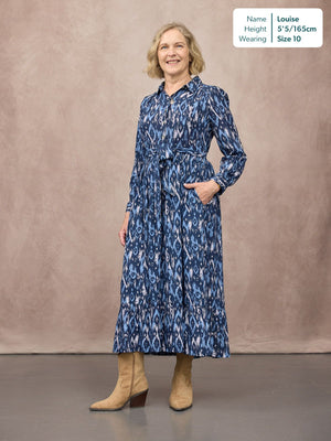 Kirsty Shirt Dress - Blue Ikat Print