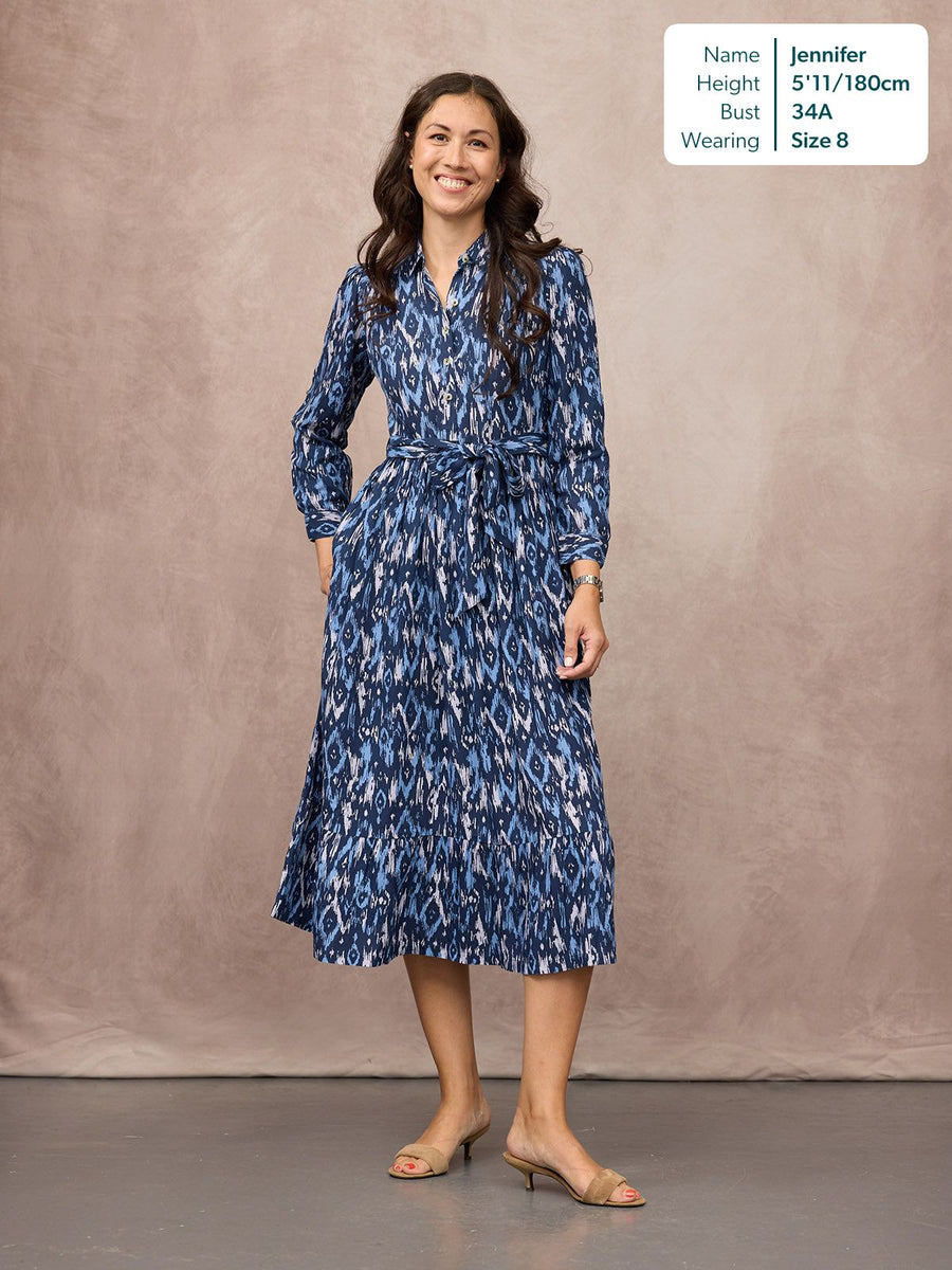 Kirsty Shirt Dress - Blue Ikat Print