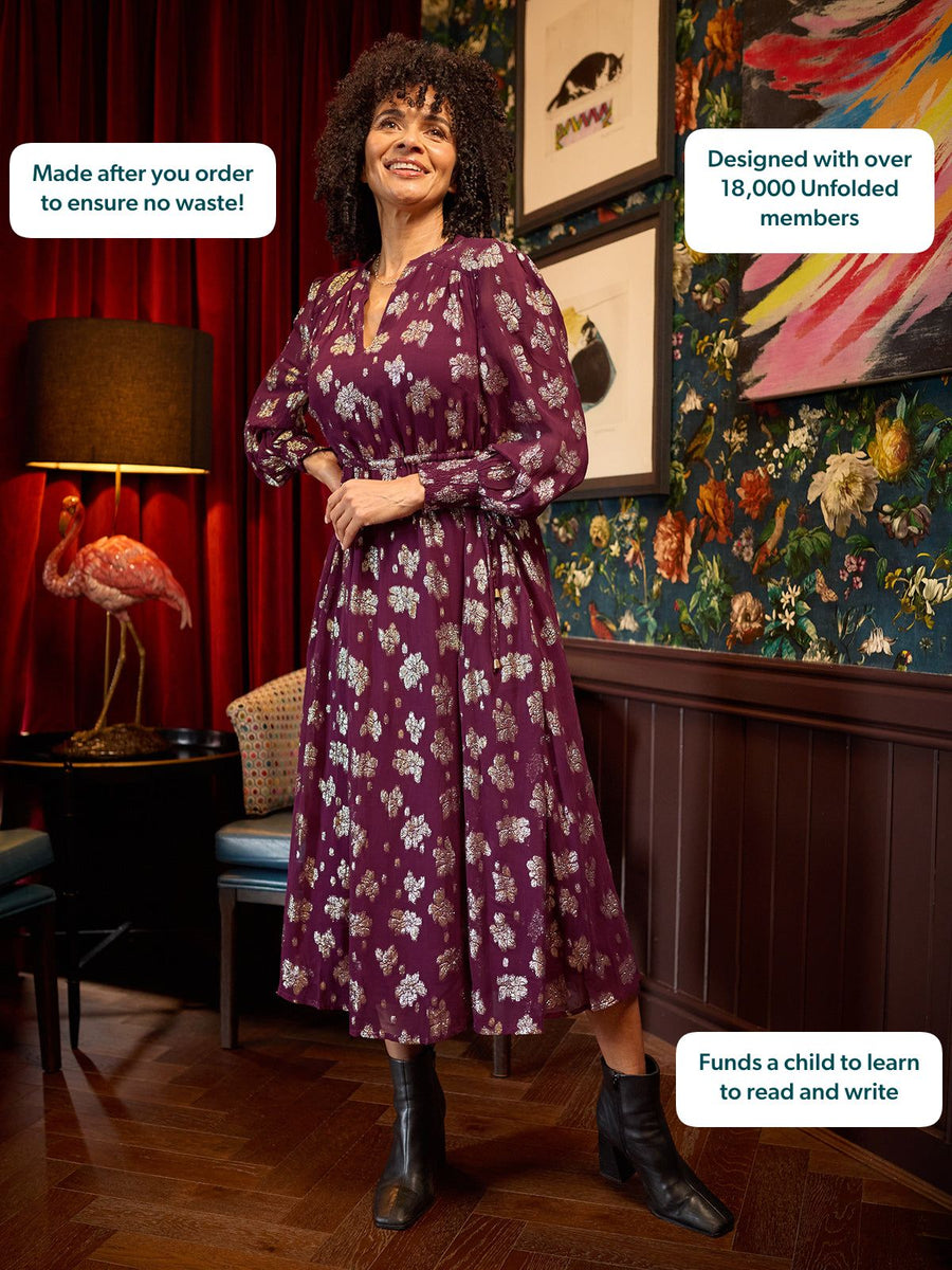 Libby Long Sleeve Floral Lurex Dress - Plum & Gold