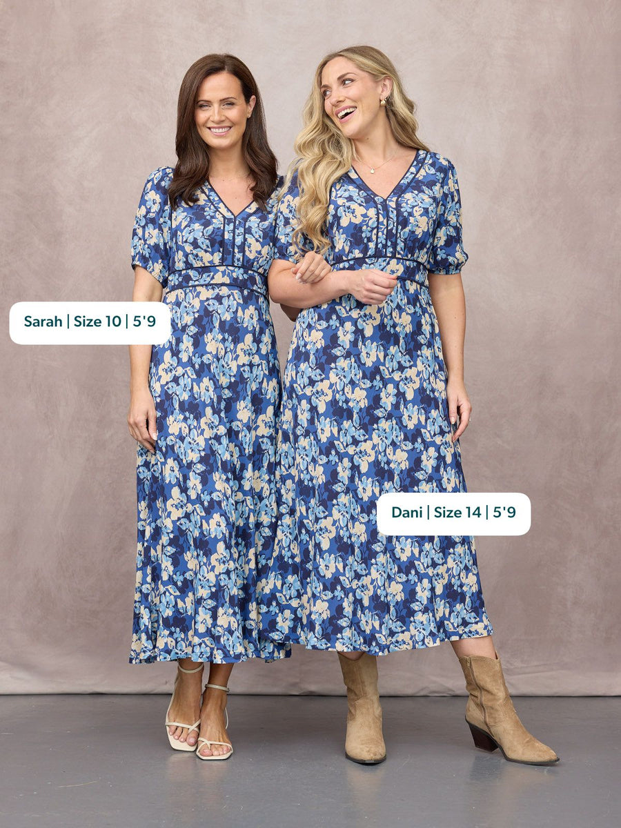 Linny Contrast Trim Dress - Blue Floral Print