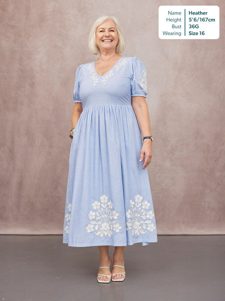 blue dress white embroidery Floral Cutwork Embroidery Pearl Belt Midi Dress in Blue for Coastal Getaways & Beachside Dinners Blue M