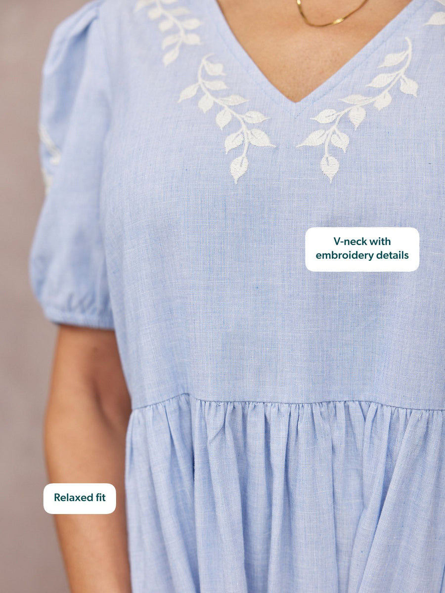 blue dress white embroidery Lola Embroidered Relaxed Dress