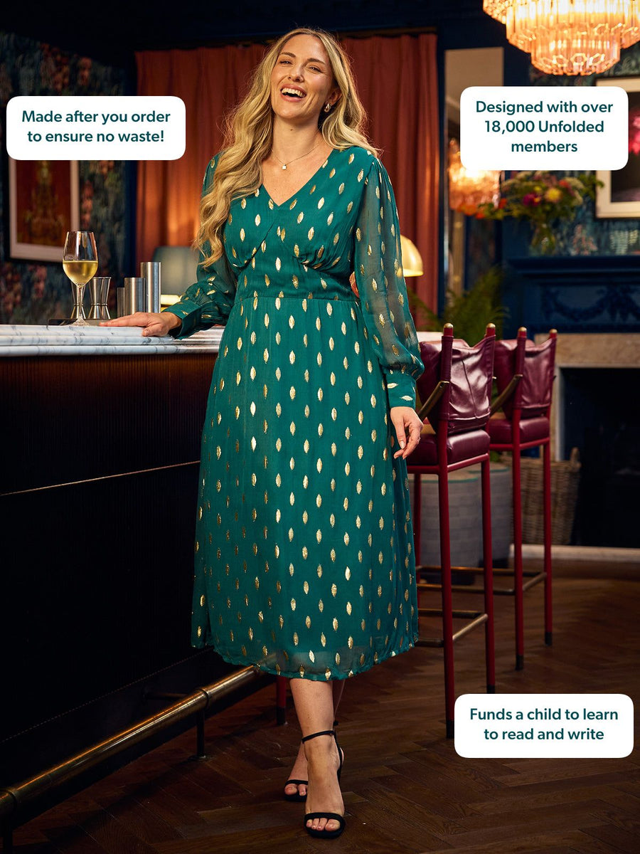Loulou V-Neck Long Sleeve Lurex Dress - Teal & Gold