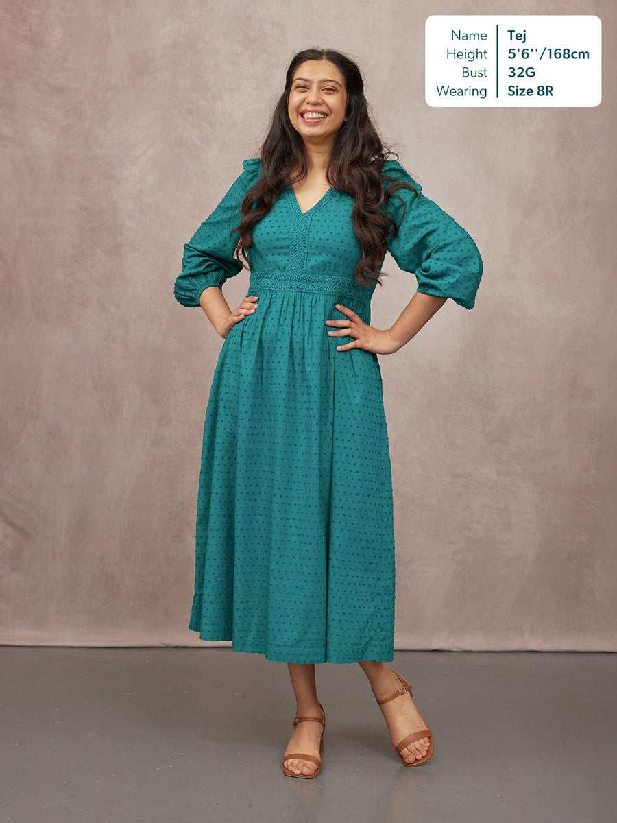 Luisa Swiss Dot Cotton Trim Detail Dress - Teal