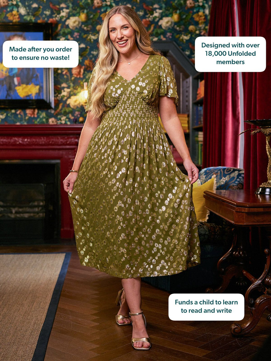 Maddie Angel Sleeve Lurex Dress - Olive Green & Gold