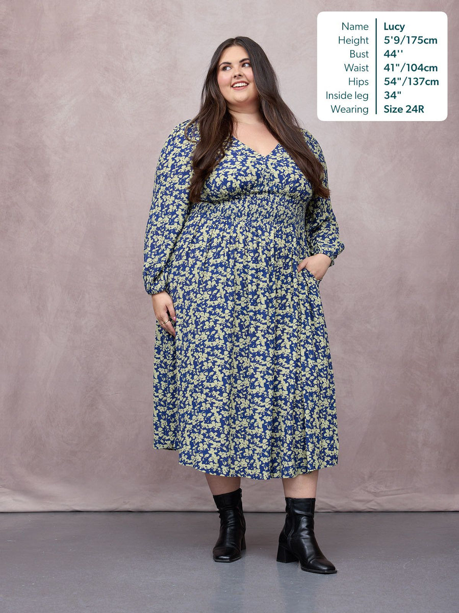 Maddie Long Sleeve Dress - Navy & Green Leaf Print