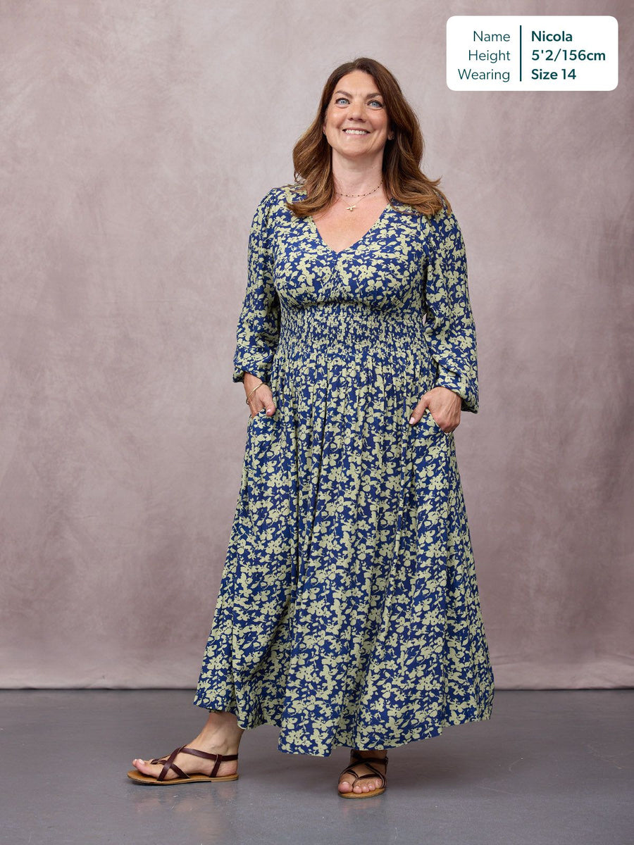 Maddie Long Sleeve Dress - Navy & Green Leaf Print