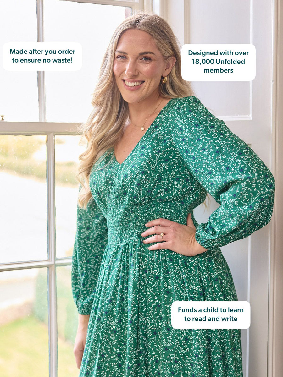 Maddie Long Sleeve V-Neck Dress - Green Botanical & Star Print
