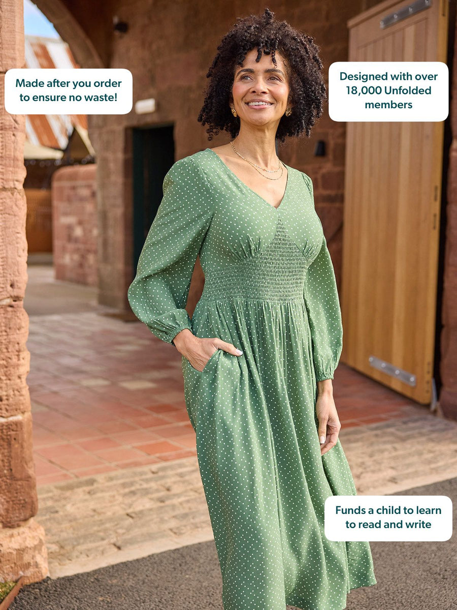 Maddie Long Sleeve V-Neck Dress - Olive Spot Print